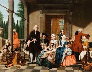 Portret van een familie die dineert op een portiek, een formele tuin daarachter, 1747