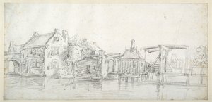 Een kanaal met gebouwen, waaronder een tolhuis en een tolbrug, ca. 1650 door Jan Josefsz. van (circle of) Goyen
