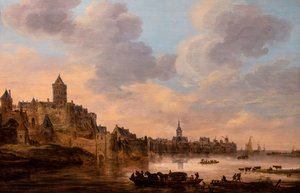 Een grote veerboot met een koets van vier paarden (Nimegue)