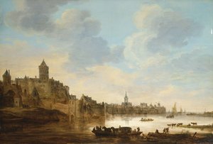 Een Stad aan de Oever van een Rivier, met een Veerboot, 1648 door Jan Josephsz van Goyen