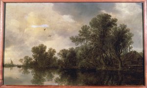 Een bebost rivierlandschap, met boeren in een roeiboot bij een huisje en een veerboot, een zeilboot in de verte, 1633 door Jan Josephsz van Goyen
