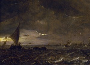 Vissersboten in een estuarium bij schemering, met een uitzicht op een stad en zijn klokkentoren aan de horizon door Jan Josephsz van Goyen