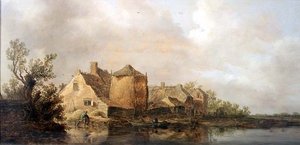 Rivierscène met een herberg