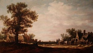 Dorpsscène met Paarden en Karren