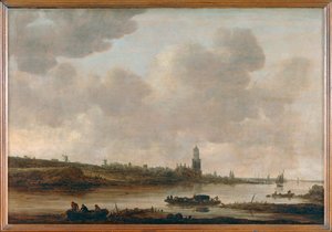 Gezicht op Rhenen aan de Rijn met de kerk Sainte-Cunera ...