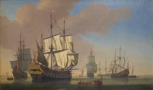 Engelse oorlogsschepen in een ankerplaats bij kalm weer door Jan Karel Donatus van Beecq