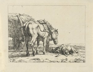 Paard en hond bij een hooiwagen door Jan Kobell (II)