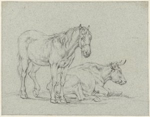 Staand paard en een liggende koe door Jan Kobell (II)