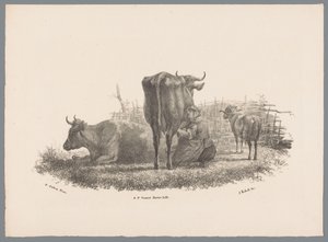 Melkende boerin, twee koeien en een ram (serie: Beesten Studien door J. Kobell naar Paul Potter Nr. 1) door Jan Kobell (III)