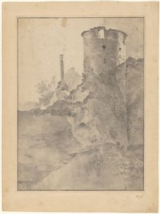 Gezicht op een Italiaanse ronde toren bij een vervallen muur door Jan Lapp