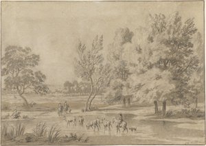 Landschap met bomen, ruiters en enkele koeien in een drenkplaats