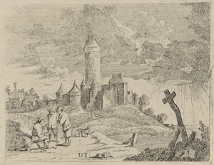 Landschap met kasteel en drie mannen