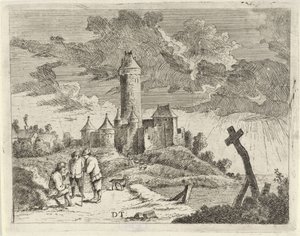 Landschap met kasteel en drie mannen
