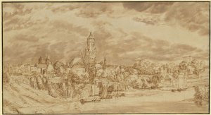 Gezicht op een stad aan de overzijde van een rivier door Jan Lievens