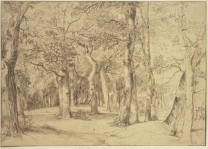 Het binnenste van een bos, rechts zit een schilder aan de ezel door Jan Lievens