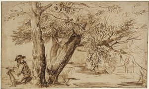 Landschap met een tekenaar aan de rand van het bos door Jan Lievens