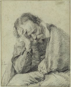 Studie van een man die zijn hoofd op zijn rechterhand steunt door Jan Lievens
