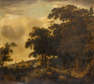 Een bebost landschap met houthakkers