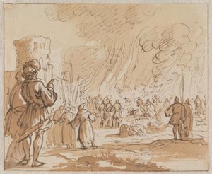 180 Katharen of Albigenzers worden verbrand buiten Minerve in 1210 door Jan Luyken