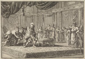 Aan de Franse gezant te Constantinopel wordt de zetel ontrukt die hij had geplaatst naast de zetel van de groot-vizier, 1677 door Jan Luyken