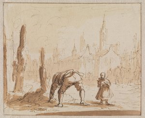Adriaen Wens zoekt in de as naar de mondschroef die men in Antwerpen in 1573 bij zijn moeder had aangebracht door Jan Luyken
