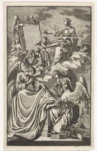 Allegorische vrouwenfiguur beschrijft in de wolken een paneel door Jan Luyken