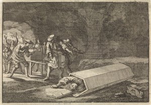 Begrafenisdienaars te Rome zien dat Antonio Marlini die zij enige dagen tevoren in een gewelf hadden bijgezet toen schijndood geweest moet zijn, 1696 door Jan Luyken