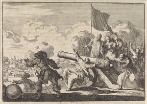 Beleg van Groningen waarbij een kanon door een zestal monniken wordt gezegend, 1672 door Jan Luyken