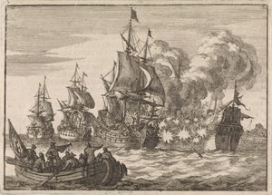 Bij Valencia wordt de Spaanse admiraal Papachino door drie Franse schepen onder admiraal Tourville aangevallen omdat hij niet snel genoeg salueerde, 1688 door Jan Luyken
