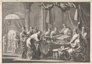 Bijeenkomst van de 72 vertalers van de wet op bevel van koning Ptolemeüs Philadelphus door Jan Luyken