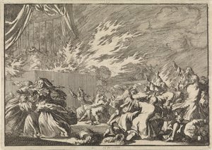Brand van een houten loods waarin een toneelvoorstelling plaatsvindt naast het slot Amelienborg te Kopenhagen, 1689 door Jan Luyken