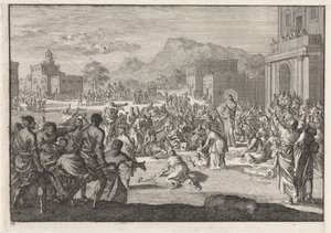 Christus spreekt tot een menigte op een plein door Jan Luyken