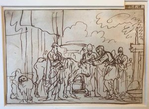 De stier wordt gepresenteerd voor de zondeoffering, Aäron en zijn zonen leggen hun handen op zijn kop (Lev. 8,14) door Jan Luyken