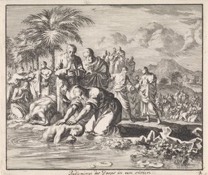Doop van nieuwe gelovigen in een rivier door Jan Luyken
