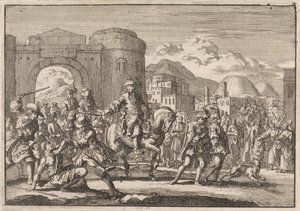 Franse gezant bij de sultan komt te paard Jeruzalem binnen, 1674 door Jan Luyken