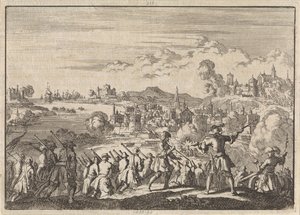 Fransen veroveren onder Pointis Carthagena in Zuid-Amerika, 1697 door Jan Luyken