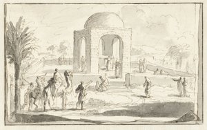 Gezicht op een moskee of tempel in de woestijn