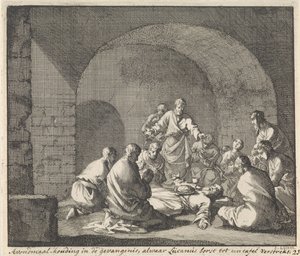 Heilige Lucianus viert het avondmaal in de gevangenis door Jan Luyken