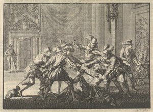 Hertog van Guise in het kasteel te Blois vermoord, 1588 door Jan Luyken