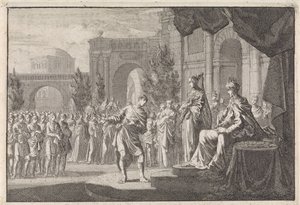 Hyrkanus voor de troon van Ptolemaeus Philadelphus door Jan Luyken