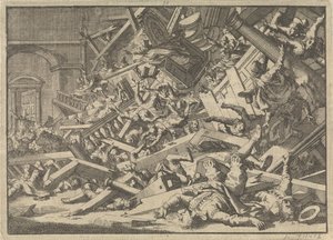 Ingestorte galerij tijdens een katholieke godsdienstoefening in het huis van de Spaanse gezant te Londen, 1623 door Jan Luyken