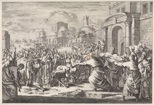 Inwoners van Lystra willen runderen aan de twee apostelen offeren door Jan Luyken