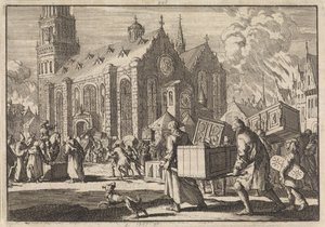 Inwoners van Spiers brengen in goed vertrouwen hun meubelen naar de Dom waar ze vervolgens door de Franse generaal Monclar worden verbrand, 1689 door Jan Luyken