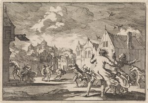 Inwoners van een dorp bij het slot Luchow in Lüneburg worden overvallen door een wervelwind waarbij de vogels dood uit de lucht vallen, 1671 door Jan Luyken