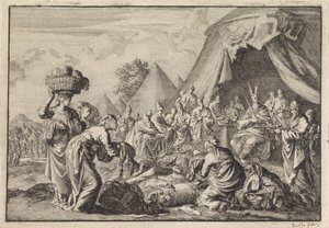 Israëlieten brengen hun kostbaarheden voor de bouw van het tabernakel door Jan Luyken