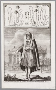Joodse man, gekleed voor gebed. Op de achtergrond de Portugese Synagoge van Amsterdam