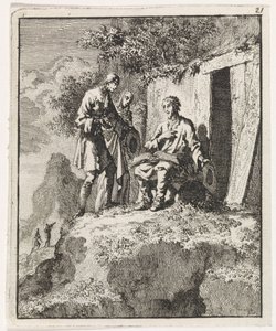Kluizenaar door twee figuren bezocht