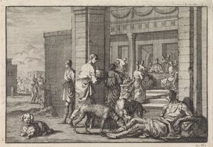 Lazarus bedelt aan de feestdis van de rijke man door Jan Luyken