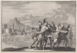 Malichus aan het strand door een viertal krijgslieden gedood door Jan Luyken