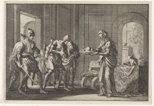 Moeder toont krijgers de resten van haar opgegeten kind tijdens de hongersnood in Jeruzalem, 1704 door Jan Luyken